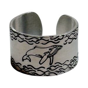Handmade whale ocean design ‎ adjustable hypoallergenic silver hand-stamped ring